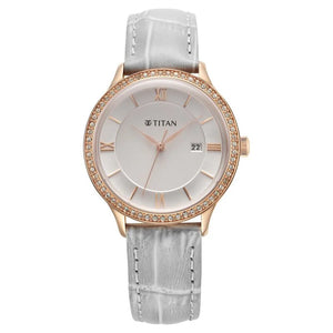 Titan Bright Leathers Quartz Analog with Date Silver Dial Leather Strap for Women 95247WL03 - KRISHNA WATCH COMPANY