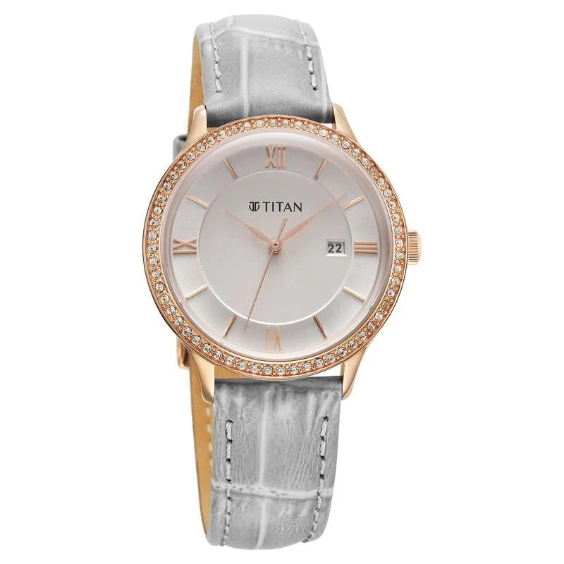 Titan Bright Leathers Quartz Analog with Date Silver Dial Leather Strap for Women  95247WL03