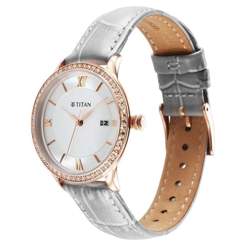 Titan Bright Leathers Quartz Analog with Date Silver Dial Leather Strap for Women  95247WL03