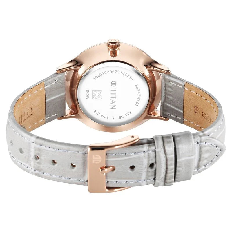 Titan Bright Leathers Quartz Analog with Date Silver Dial Leather Strap for Women  95247WL03