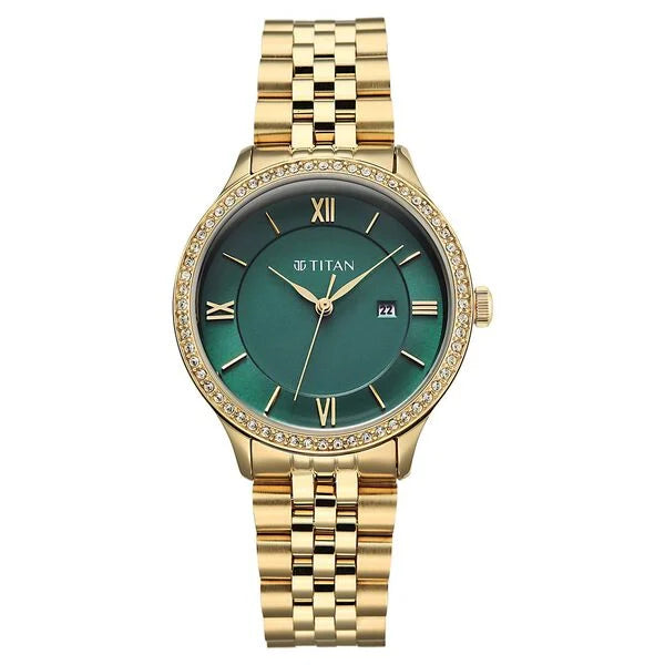 Titan Purple Prestige Quartz Analog with Date Green Dial Golden Stainless Steel Strap Watch For Women 95247ym01