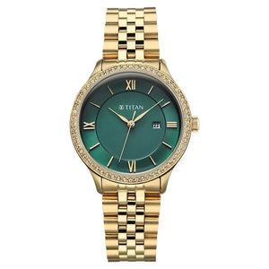 Titan Purple Prestige Quartz Analog with Date Green Dial Golden Stainless Steel Strap Watch For Women 95247ym01
