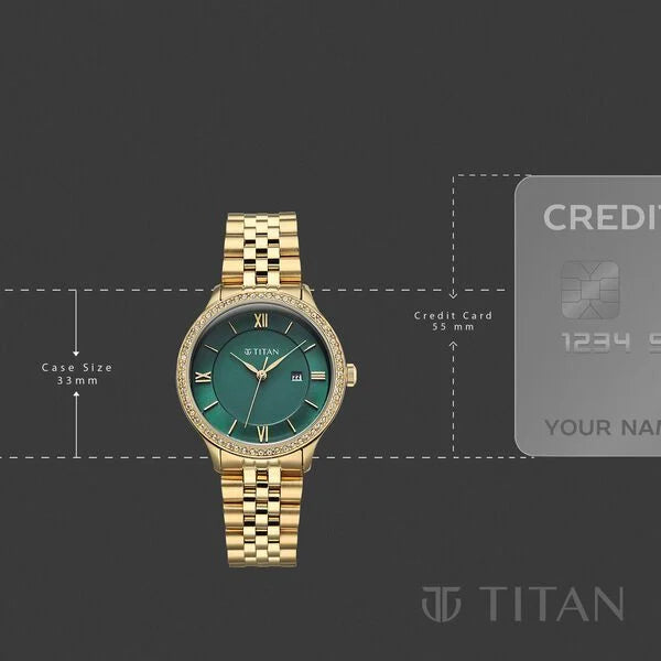 Titan Purple Prestige Quartz Analog with Date Green Dial Golden Stainless Steel Strap Watch For Women 95247ym01