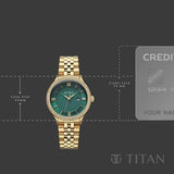 Titan Purple Prestige Quartz Analog with Date Green Dial Golden Stainless Steel Strap Watch For Women 95247ym01