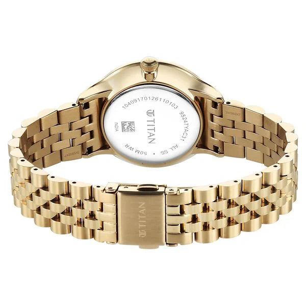 Titan Purple Prestige Quartz Analog with Date Green Dial Golden Stainless Steel Strap Watch For Women 95247ym01