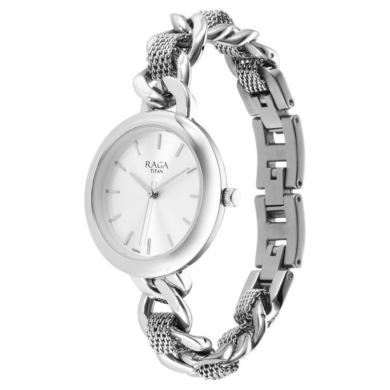 Titan Raga Showstopper Quartz Analog Silver Dial Metal Strap Watch for Women 95265SM01