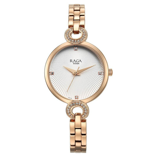 Titan Raga Showstopper Quartz Analog White Dial Metal Strap Watch for Women NT95278WM01