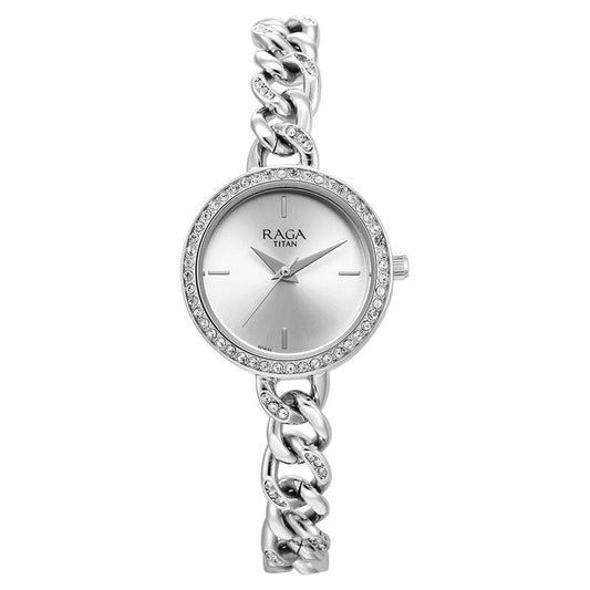 Titan Raga Showstopper Quartz Analog Silver Dial Metal Strap Watch for Women 95288SM01W