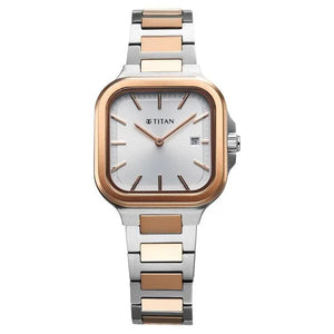 Titan Slim Square Quartz Analog with Date Silver Dial With Two Toned Color Stainless Steel Strap Watch For Women 95291km01 - KRISHNA WATCH COMPANY