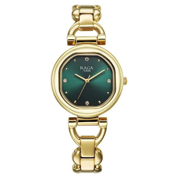 Titan Raga Showstopper Quartz Analog Green Dial Metal Strap Watch For Women 95301ym01