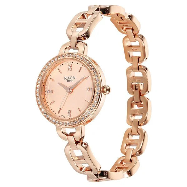 Titan Raga Showstopper Quartz Analog Rose Gold Dial Metal Strap Watch For Women 95305wm01