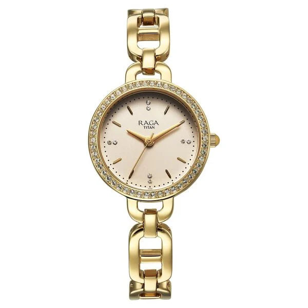 Titan Raga Showstopper Quartz Analog Golden Dial Metal Strap Watch For Women 95305ym01