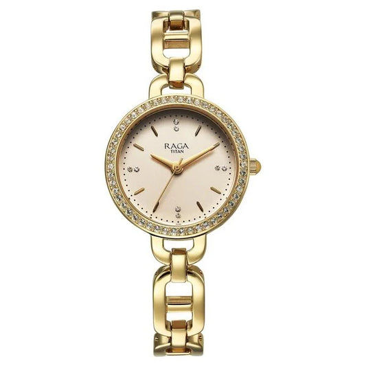 Titan Raga Showstopper Quartz Analog Golden Dial Metal Strap Watch For Women 95305ym01
