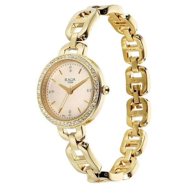 Titan Raga Showstopper Quartz Analog Golden Dial Metal Strap Watch For Women 95305ym01