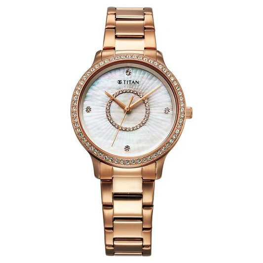 Titan Glamour Quartz Analog Mother Of Pearl Dial Rose Gold Stainless Steel Strap Watch For Women 95314wm01