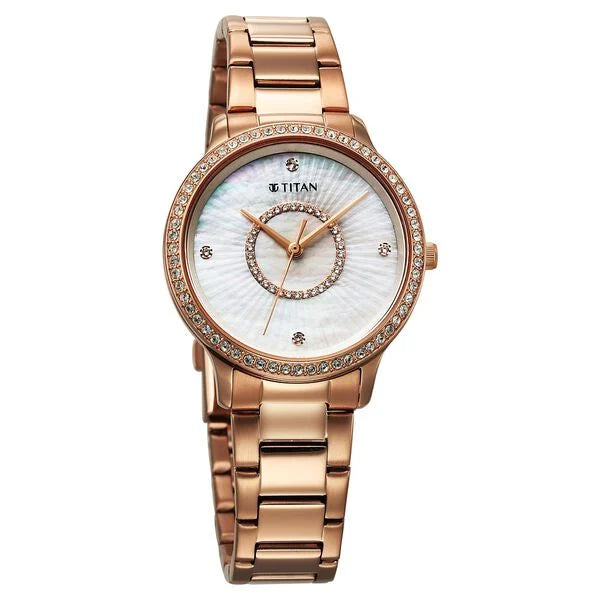 Titan Glamour Quartz Analog Mother Of Pearl Dial Rose Gold Stainless Steel Strap Watch For Women 95314wm01