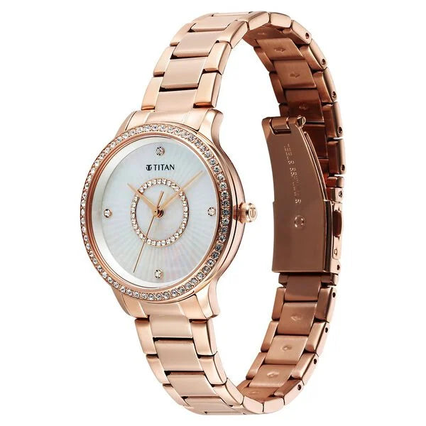 Titan Glamour Quartz Analog Mother Of Pearl Dial Rose Gold Stainless Steel Strap Watch For Women 95314wm01