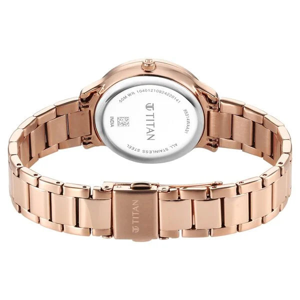Titan Glamour Quartz Analog Mother Of Pearl Dial Rose Gold Stainless Steel Strap Watch For Women 95314wm01