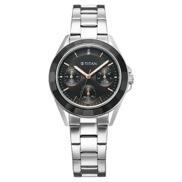 Titan Glamour Quartz Multifunction Black Dial Silver Stainless Steel Strap Watch For Women 95315km01