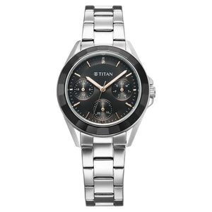 Titan Glamour Quartz Multifunction Black Dial Silver Stainless Steel Strap Watch For Women 95315km01 - KRISHNA WATCH COMPANY