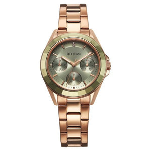 Titan Glamour Quartz Multifunction Green Dial Rose Gold Stainless Steel Strap Watch For Women 95315km03 - KRISHNA WATCH COMPANY