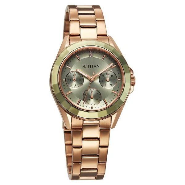 Titan Glamour Quartz Multifunction Green Dial Rose Gold Stainless Steel Strap Watch For Women 95315km03