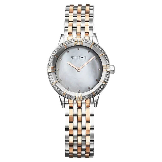 Titan Glamour Quartz Analog Mother Of Pearl Dial Two Toned Stainless Steel Strap Watch For Women 95316km01