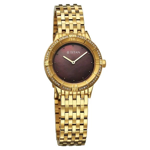 Titan Glamour Quartz Analog Brown Dial Golden Stainless Steel Strap Watch For Women 95316ym01