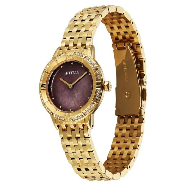 Titan Glamour Quartz Analog Brown Dial Golden Stainless Steel Strap Watch For Women 95316ym01