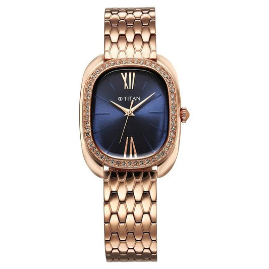 Titan Glamour Quartz Analog Blue Dial Rose Gold Stainless Steel Strap Watch For Women 95317wm01