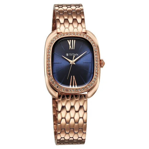 Titan Glamour Quartz Analog Blue Dial Rose Gold Stainless Steel Strap Watch For Women 95317wm01