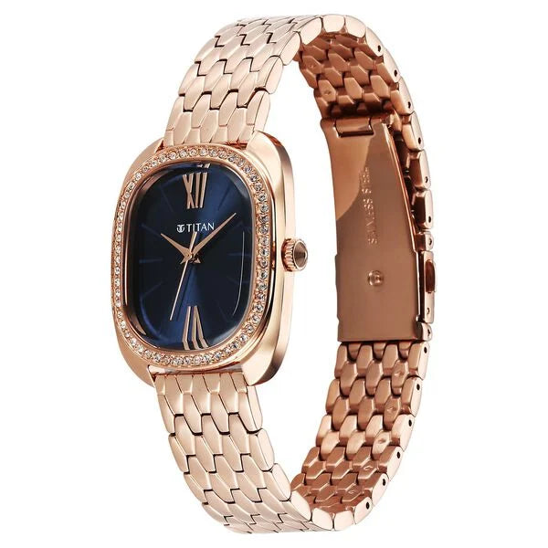 Titan Glamour Quartz Analog Blue Dial Rose Gold Stainless Steel Strap Watch For Women 95317wm01