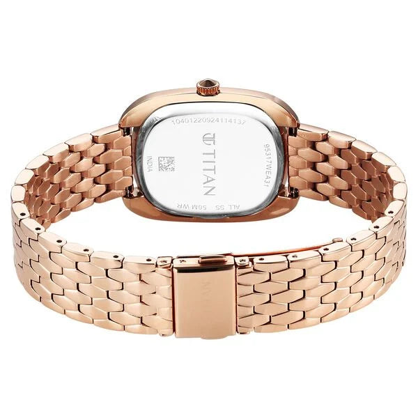 Titan Glamour Quartz Analog Blue Dial Rose Gold Stainless Steel Strap Watch For Women 95317wm01