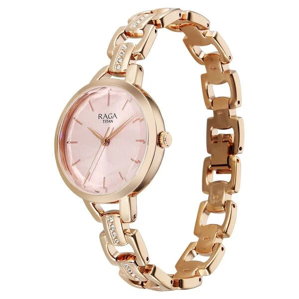 Titan Raga Showstopper Quartz Analog Rose Gold Dial Metal Strap Watch For Women 95352wm01