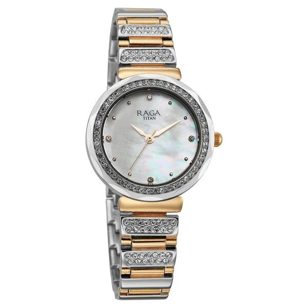 Titan Raga Spotlight Quartz Analog Mother of Pearl Dial Two Toned Metal Strap Watch For Women 95419km01