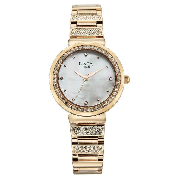 Titan Raga Spotlight Quartz Analog Mother of Pearl Dial Rose Gold Metal Strap Watch For Women 95419wm01