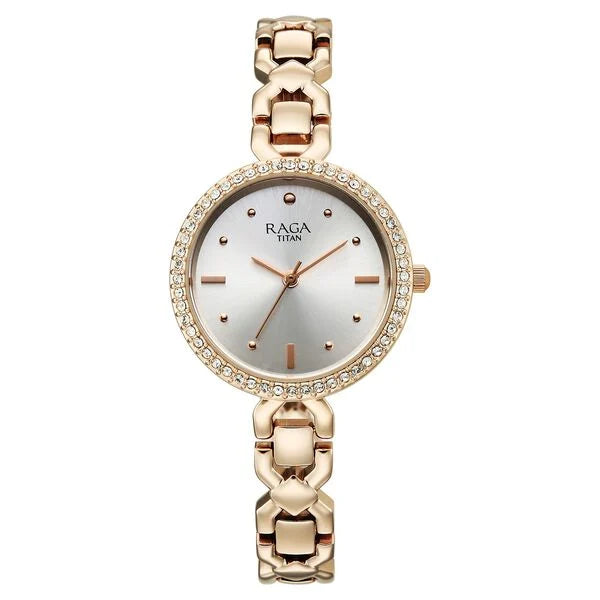 Titan Raga Spotlight Quartz Analog Silver Dial Rose Gold Metal Strap Watch For Women 95420wm01