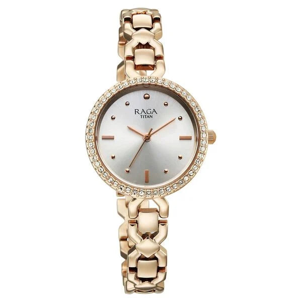 Titan Raga Spotlight Quartz Analog Silver Dial Rose Gold Metal Strap Watch For Women 95420wm01