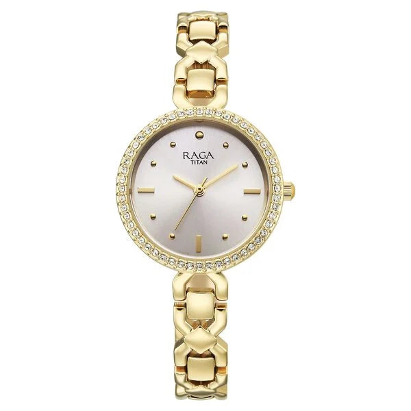 Titan Raga Spotlight Quartz Analog Silver Dial Golden Metal Strap Watch For Women 95420ym01