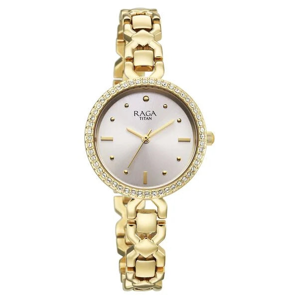 Titan Raga Spotlight Quartz Analog Silver Dial Golden Metal Strap Watch For Women 95420ym01