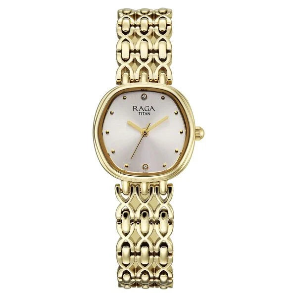 Titan Raga Spotlight Quartz Analog White Dial Golden Metal Strap Watch For Women 95421ym01