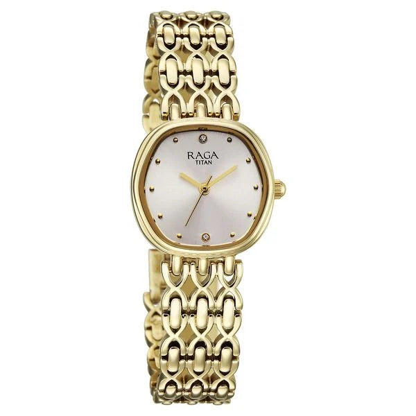 Titan Raga Spotlight Quartz Analog White Dial Golden Metal Strap Watch For Women 95421ym01