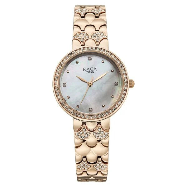 Titan Raga Spotlight Quartz Analog White Dial Rose Gold Metal Strap Watch For Women 95422wm01