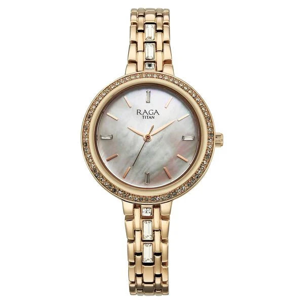 Titan Raga Spotlight Quartz Analog Silver Dial Rose Gold Metal Strap Watch For Women 95424wm01