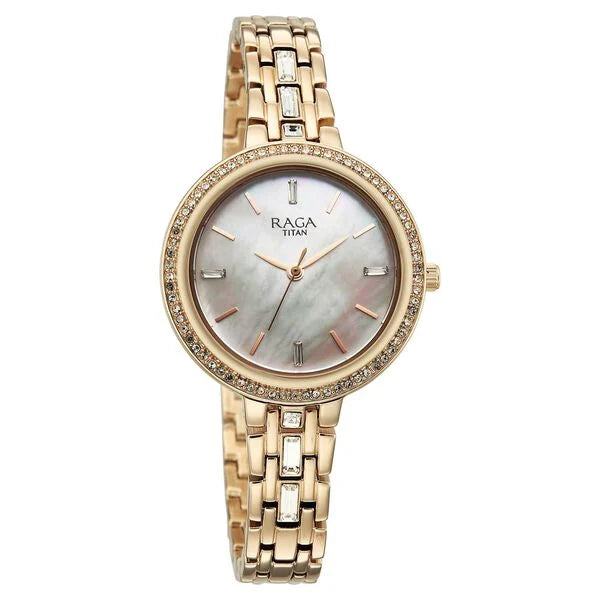 Titan Raga Spotlight Quartz Analog Silver Dial Rose Gold Metal Strap Watch For Women 95424wm01