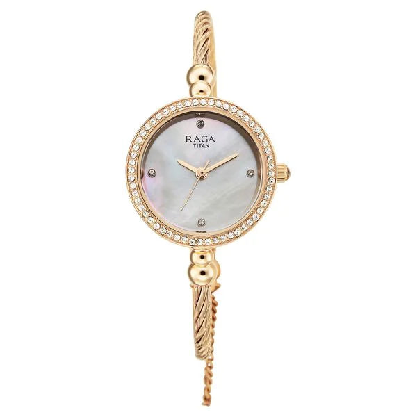 Titan Raga Spotlight Quartz Analog White Dial Rose Gold Metal Strap Watch For Women 95425wm01