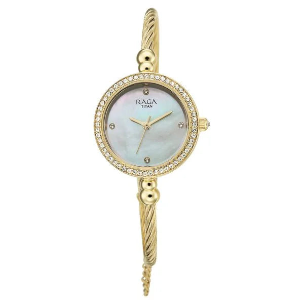 Titan Raga Spotlight Quartz Analog White Dial Golden Metal Strap Watch For Women 95425ym01