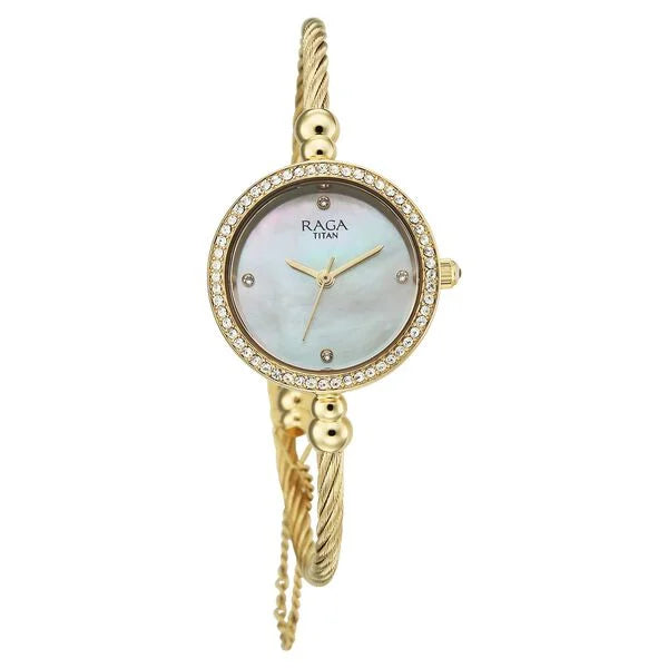 Titan Raga Spotlight Quartz Analog White Dial Golden Metal Strap Watch For Women 95425ym01