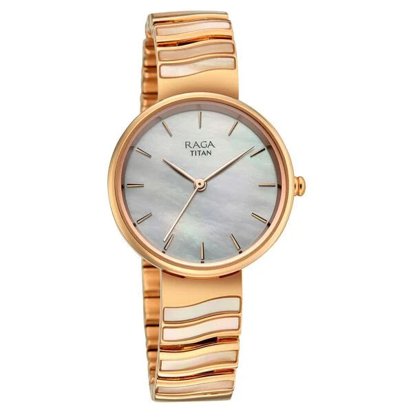 Titan Raga Spotlight Quartz Analog White Dial Rose Gold Metal Strap Watch For Women 95426wm01