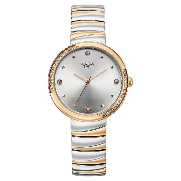 Titan Raga Spotlight Quartz Analog Silver Dial Two Toned Metal Strap Watch For Women 95427km01